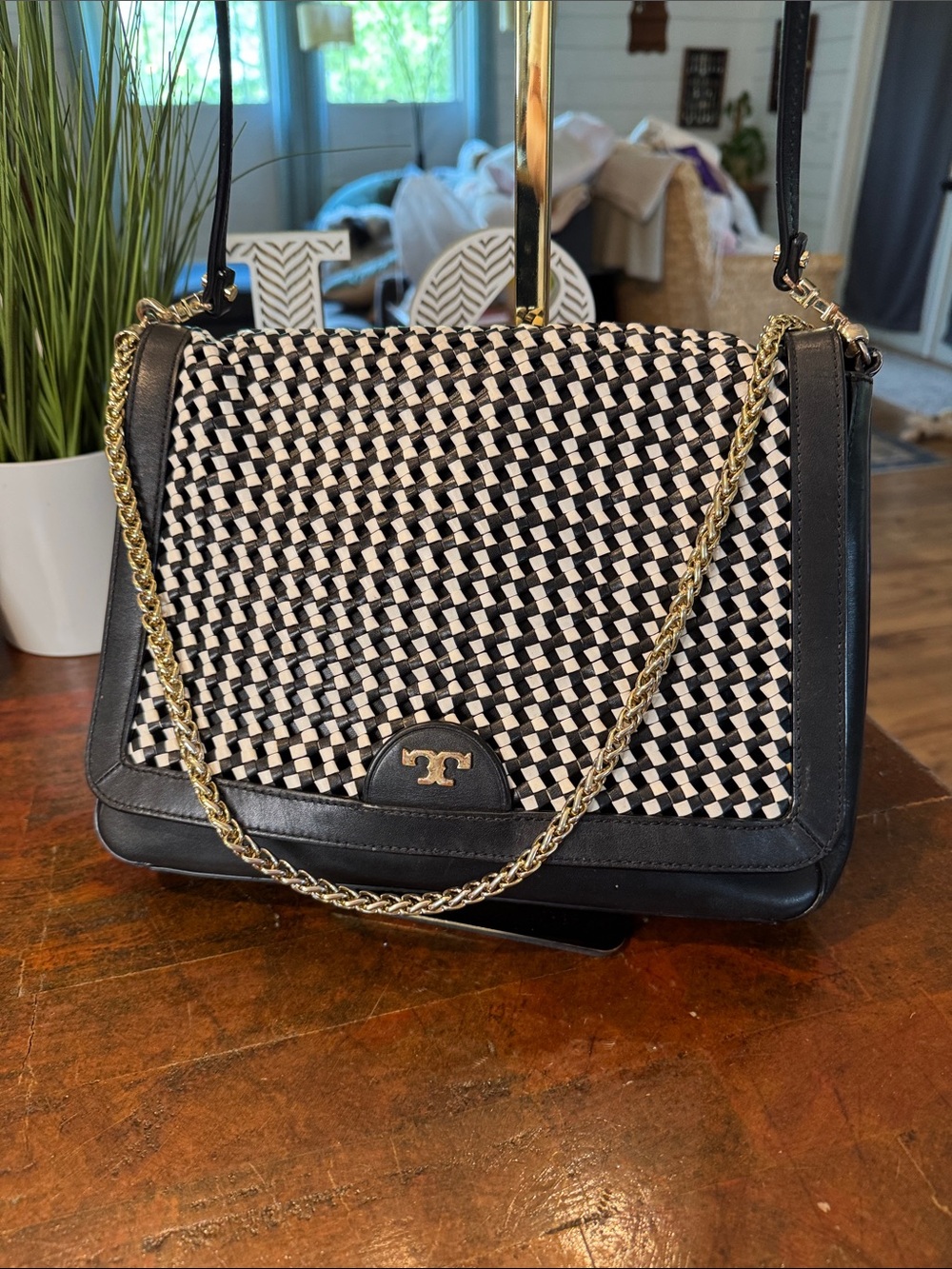 Tory Burch Black & White Woven Crossbody with Gold Chain